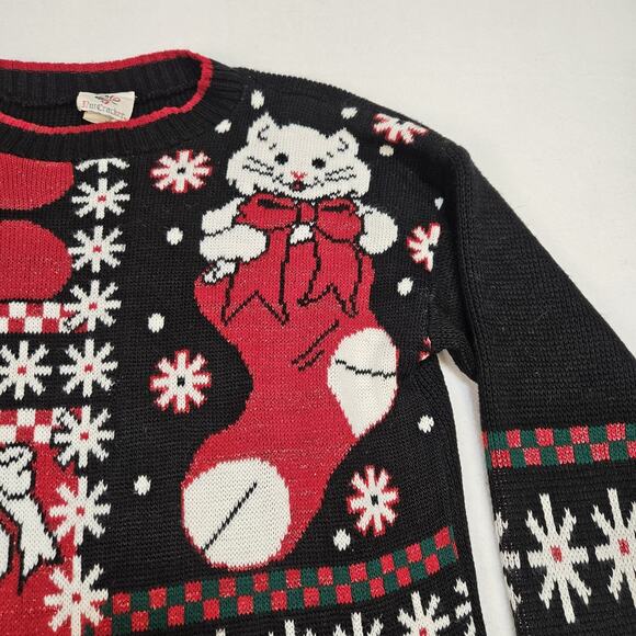 VTG Christmas Sweater Womens M Cat Kitten Kitty Holiday Made in USA Red Grandma - Picture 5 of 12
